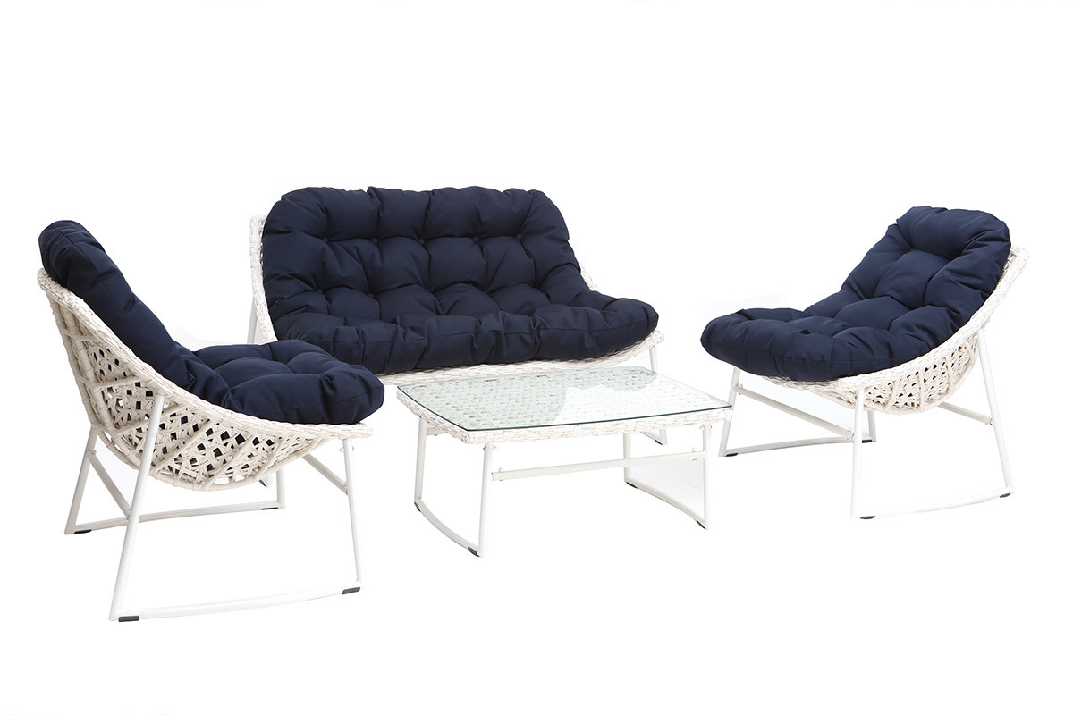 Gartenmbelgarnitur aus Rattan Wei und Dunkelblau mit Couchtisch - COMFY
