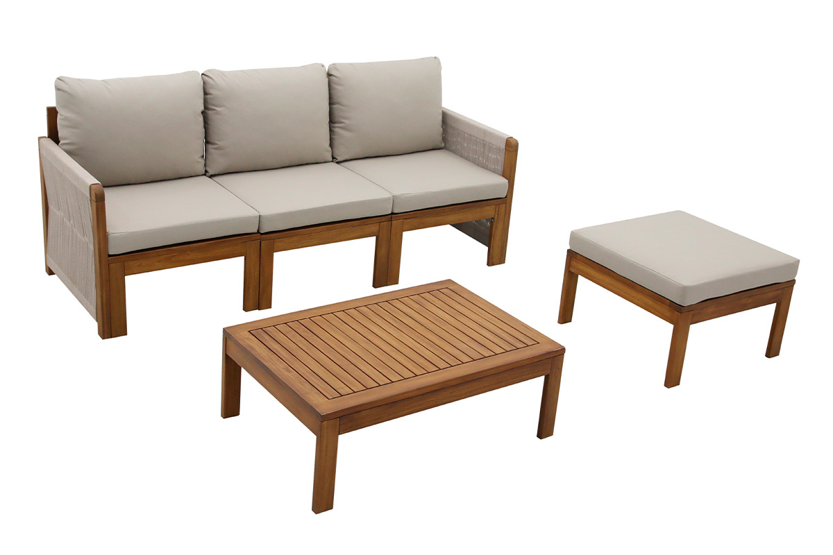 Gartensalon 3-4 Pl�tze aus massivem Holz, 2 Sets Bez�ge (taupe oder ecru) und geflochtenen Armlehnen ALOHA