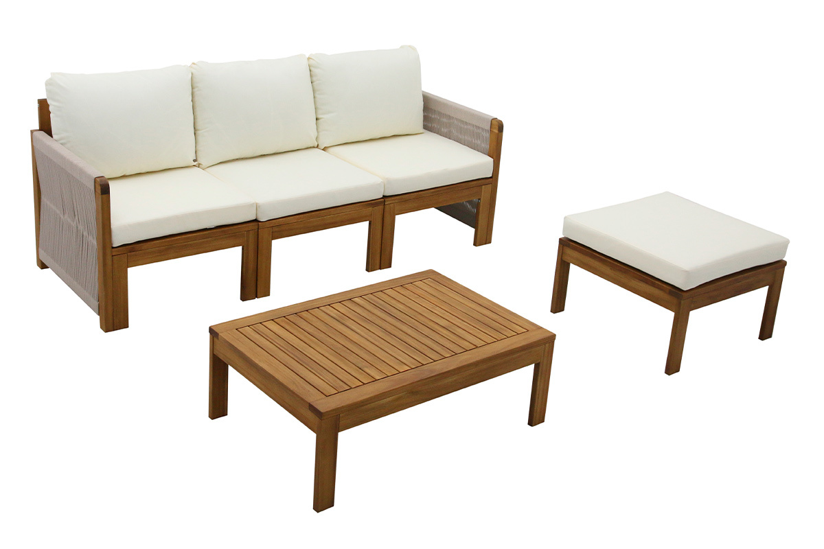 Gartensalon 3-4 Pl�tze aus massivem Holz, 2 Sets Bez�ge (taupe oder ecru) und geflochtenen Armlehnen ALOHA