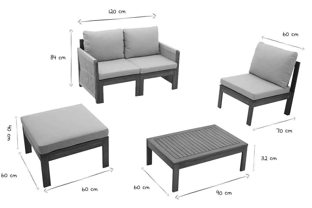 Gartensalon 3-4 Pl�tze aus massivem Holz, 2 Sets Bez�ge (taupe oder ecru) und geflochtenen Armlehnen ALOHA