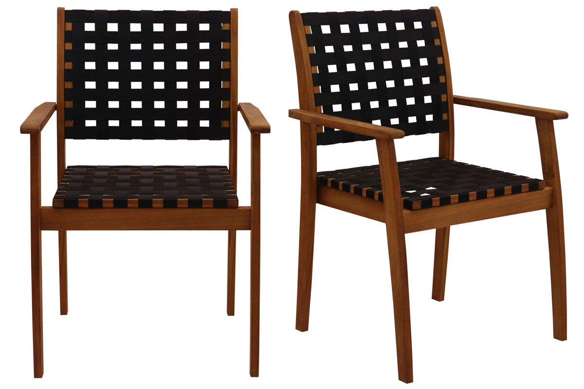 Gartensessel mit schwarzem Gurtband und Massivholz stapelbar (2er-Set) KHASHA