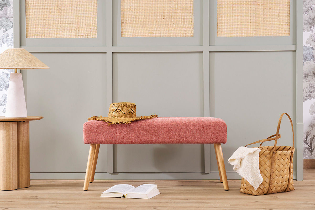 Gepolsterte Bank aus terracottafarbenem Stoff mit Samteffekt und hellem Holz B95 cm GUESTA