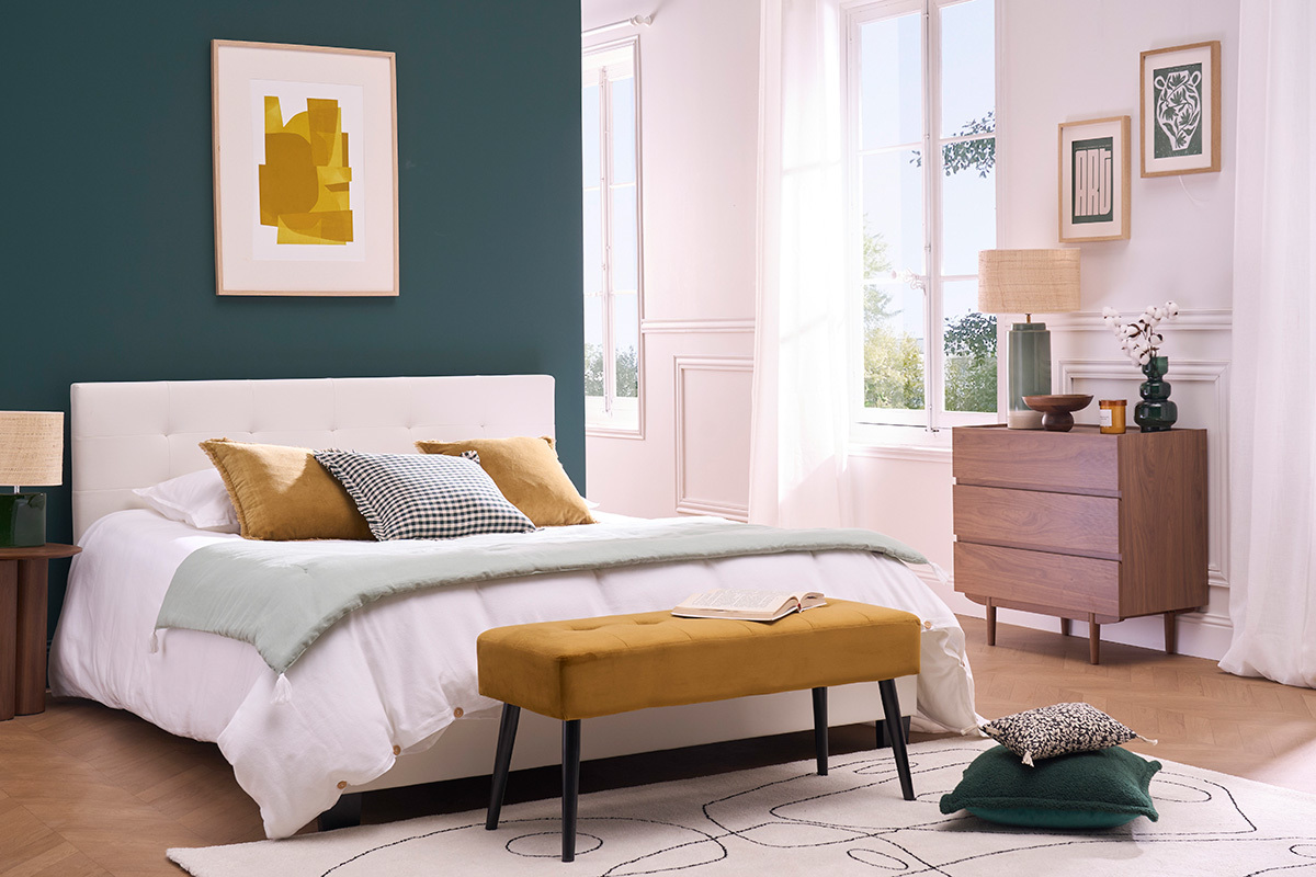 Gepolsterte Design-Bank aus bronzefarbenem Samtstoff und schwarzem Metall L95 cm GUESTA