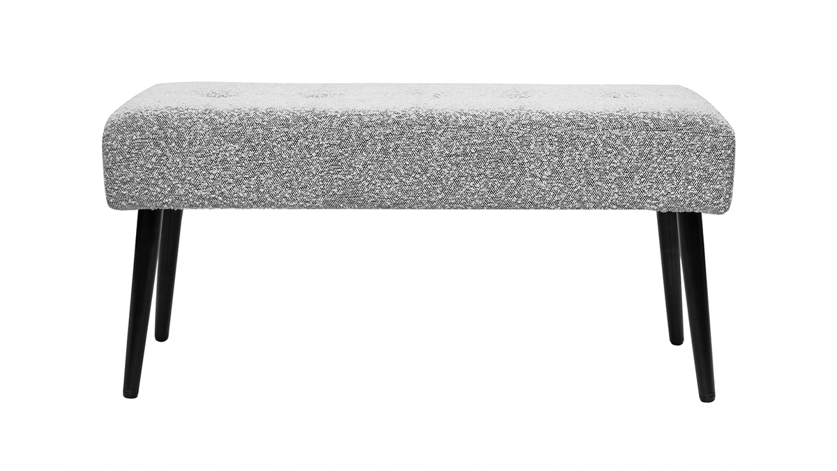 Gepolsterte Design-Bank aus grau meliertem Stoff mit Boucl-Wolleffekt und schwarzem Metall L95 cm GUESTA