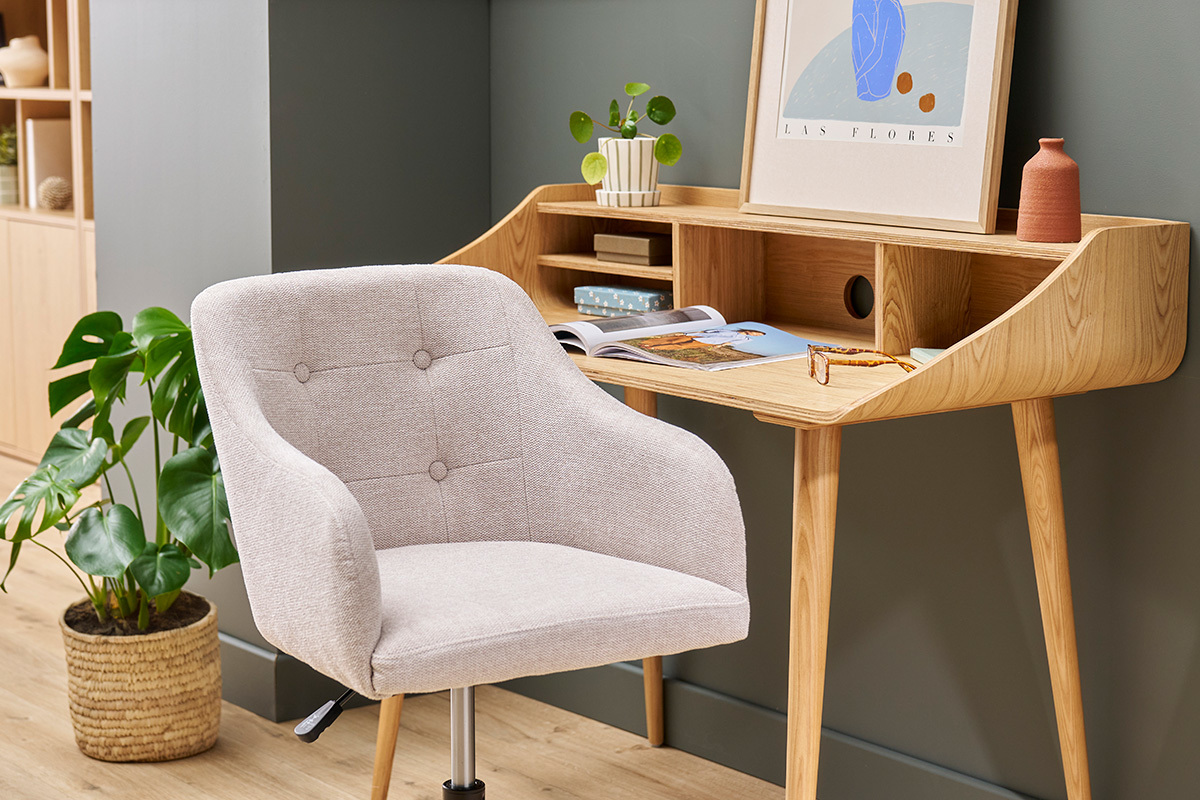 Gepolsterter B�rostuhl mit Rollen aus strukturiertem Samteffektgewebe in Beige und Schwarzem Metall BALTIK