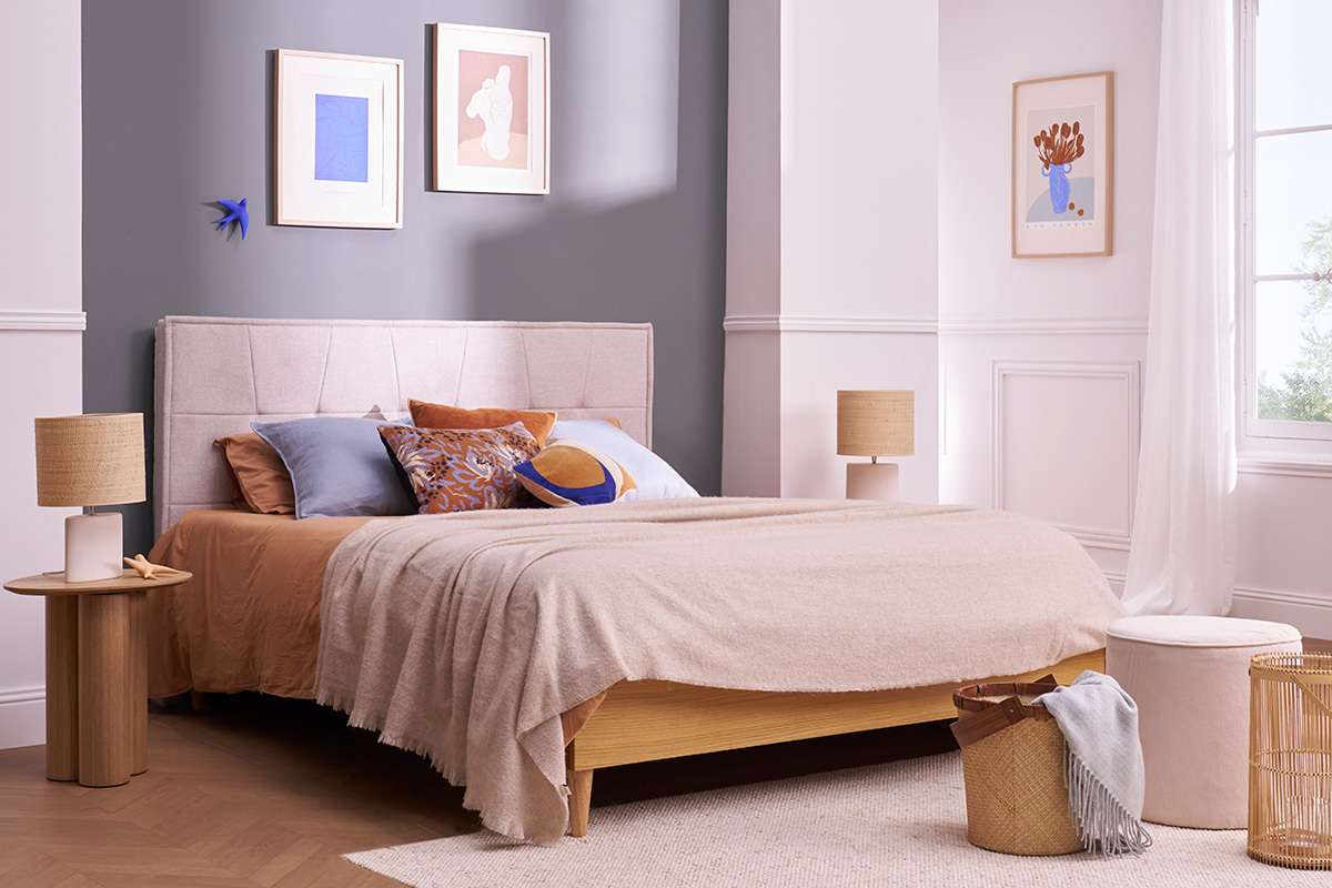 Gepolstertes Kopfteil aus texturiertem Samtstoff in Beige L170 cm SUKA
