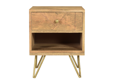 Gravierter Nachttisch aus massivem Mangoholz und vergoldetem Metall LINIUM