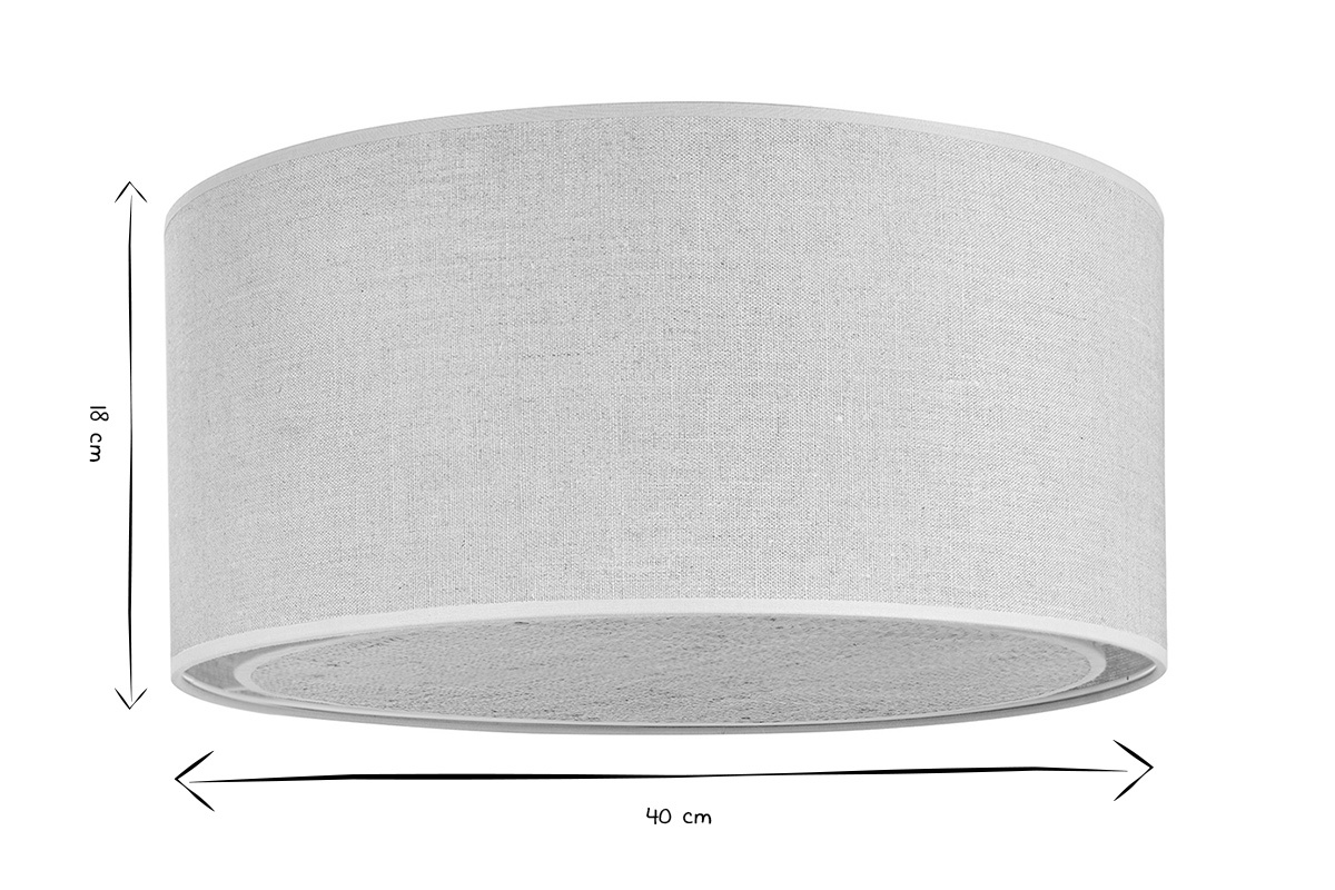 Ma�e der zylindrischen Deckenleuchte aus Leinen und Raphia, 40 cm Durchmesser, 18 cm H�he, in Schwarz und Wei�.