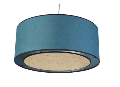 Hängeleuchte aus pfauenblauem Leinen und Bast D 50 cm TRAVES