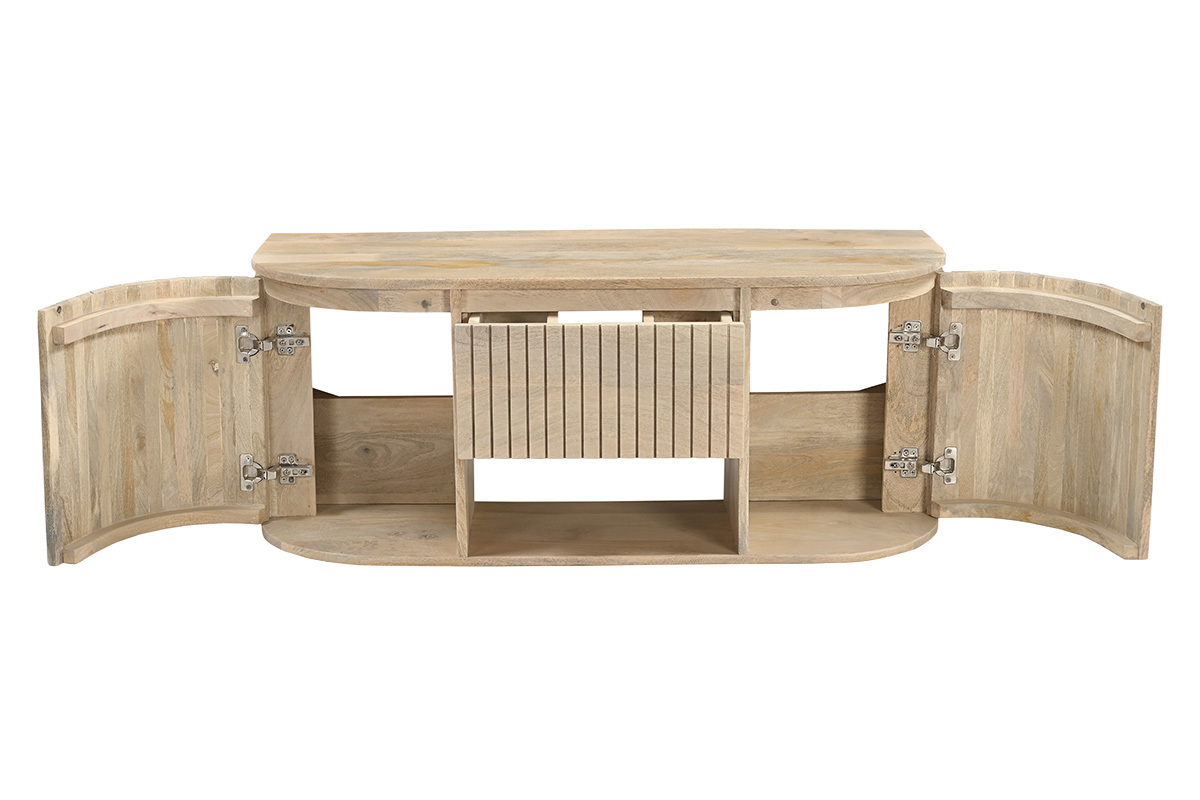 H�ngendes Badezimmerm�bel aus massivem Mangoholz, L 110 cm, offen mit sichtbarer mittlerer Schublade.