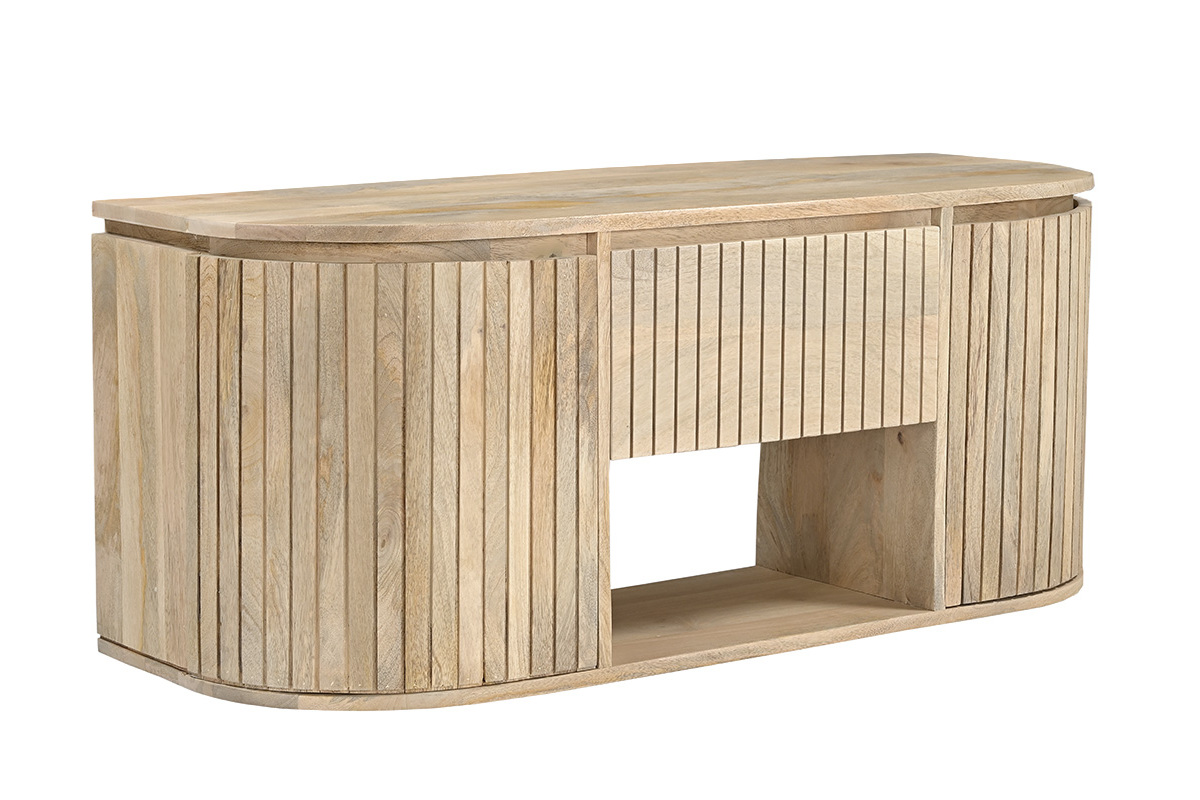 H�ngendes Badezimmerm�bel aus massivem Mangoholz, 3/4-Ansicht mit geriffelter Front.