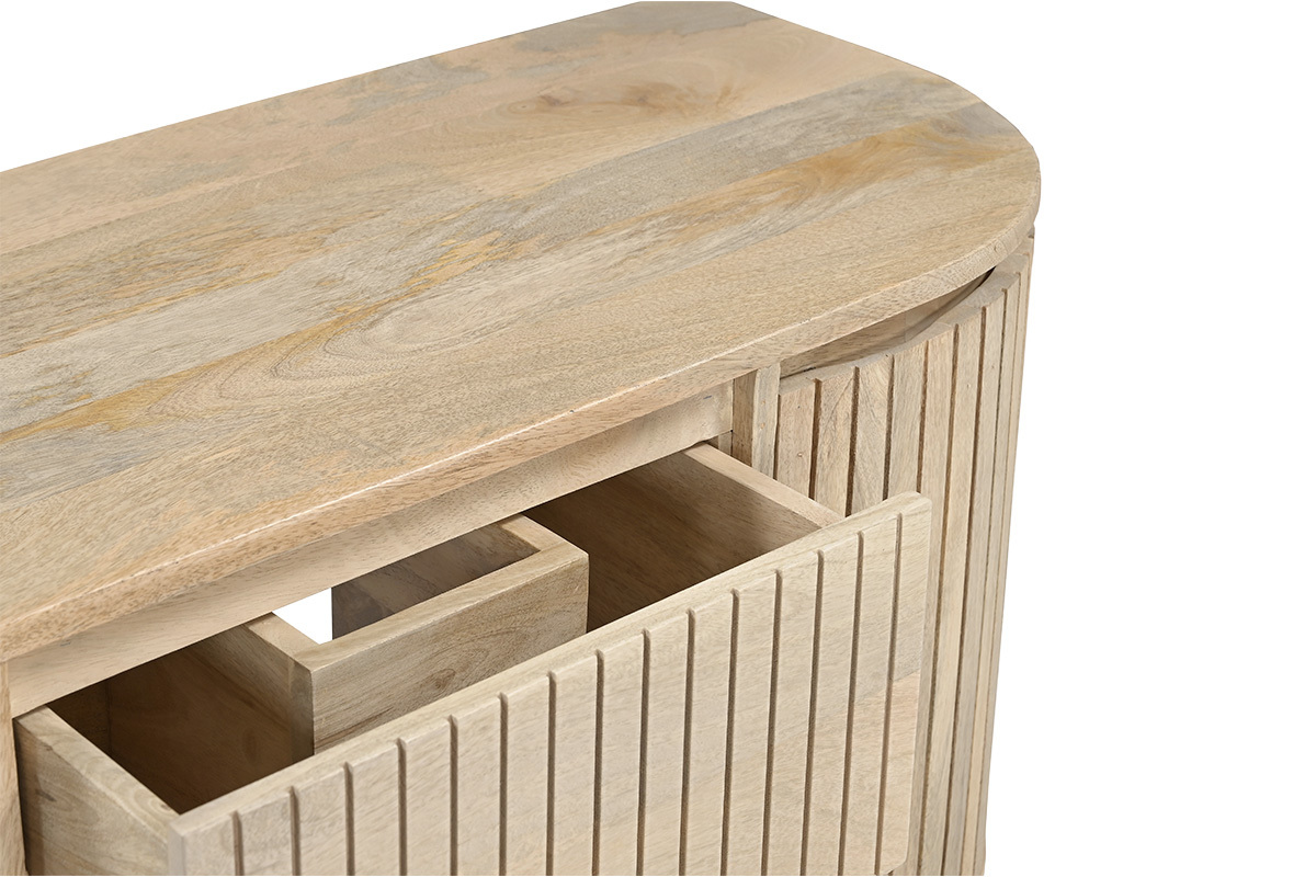 Draufsicht auf den h�ngenden Badezimmerschrank aus massivem Mangoholz mit ge�ffnetem Schublade.