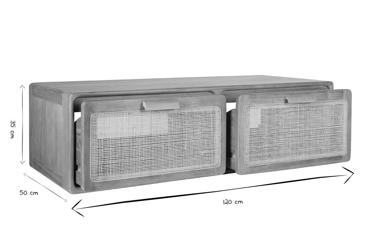 H�ngendes Badezimmerm�bel aus massivem Teakholz und Rattangeflecht L120 cm BALIA