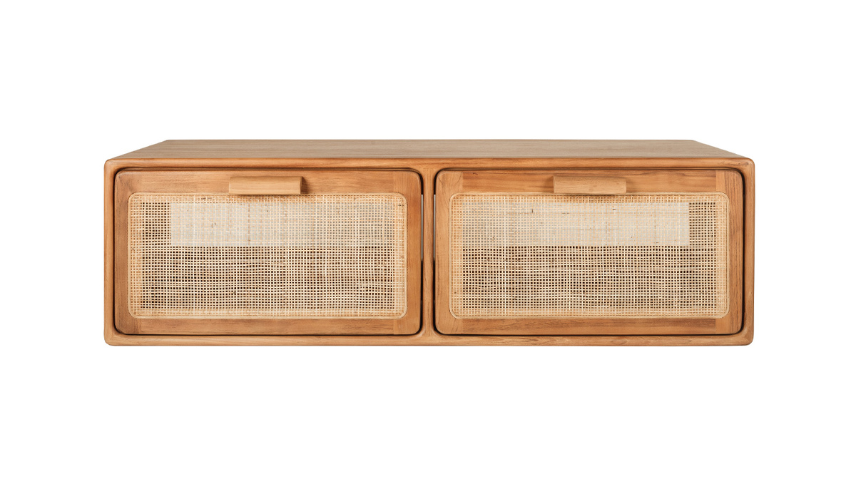 H�ngendes Badezimmerm�bel aus massivem Teakholz und Rattangeflecht L120 cm BALIA