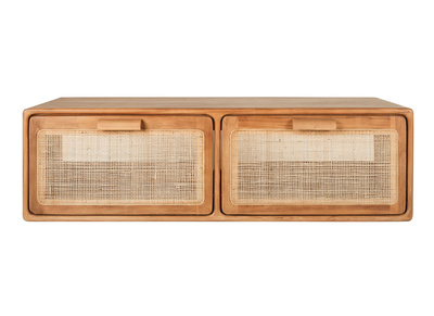 H&auml;ngendes Badezimmerm&ouml;bel aus massivem Teakholz und Rattangeflecht L120 cm BALIA
