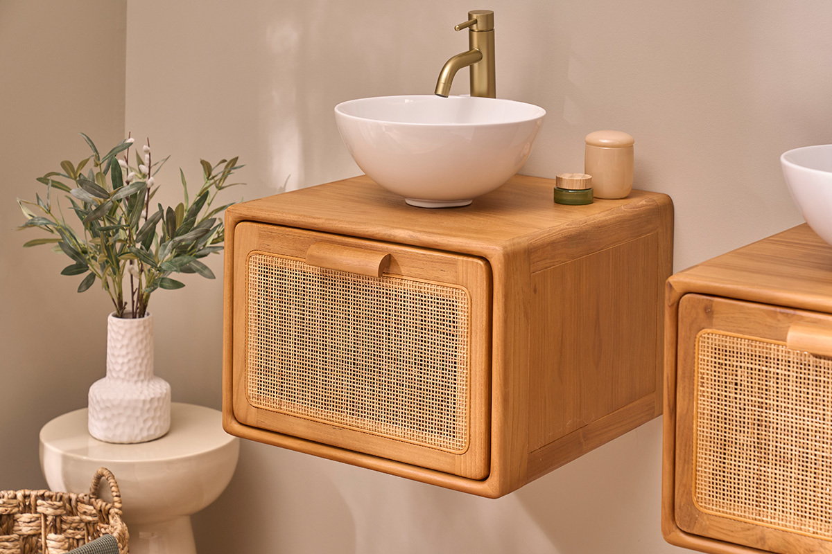 H�ngendes Badezimmerm�bel aus massivem Teakholz und Rattangeflecht L50 cm BALIA