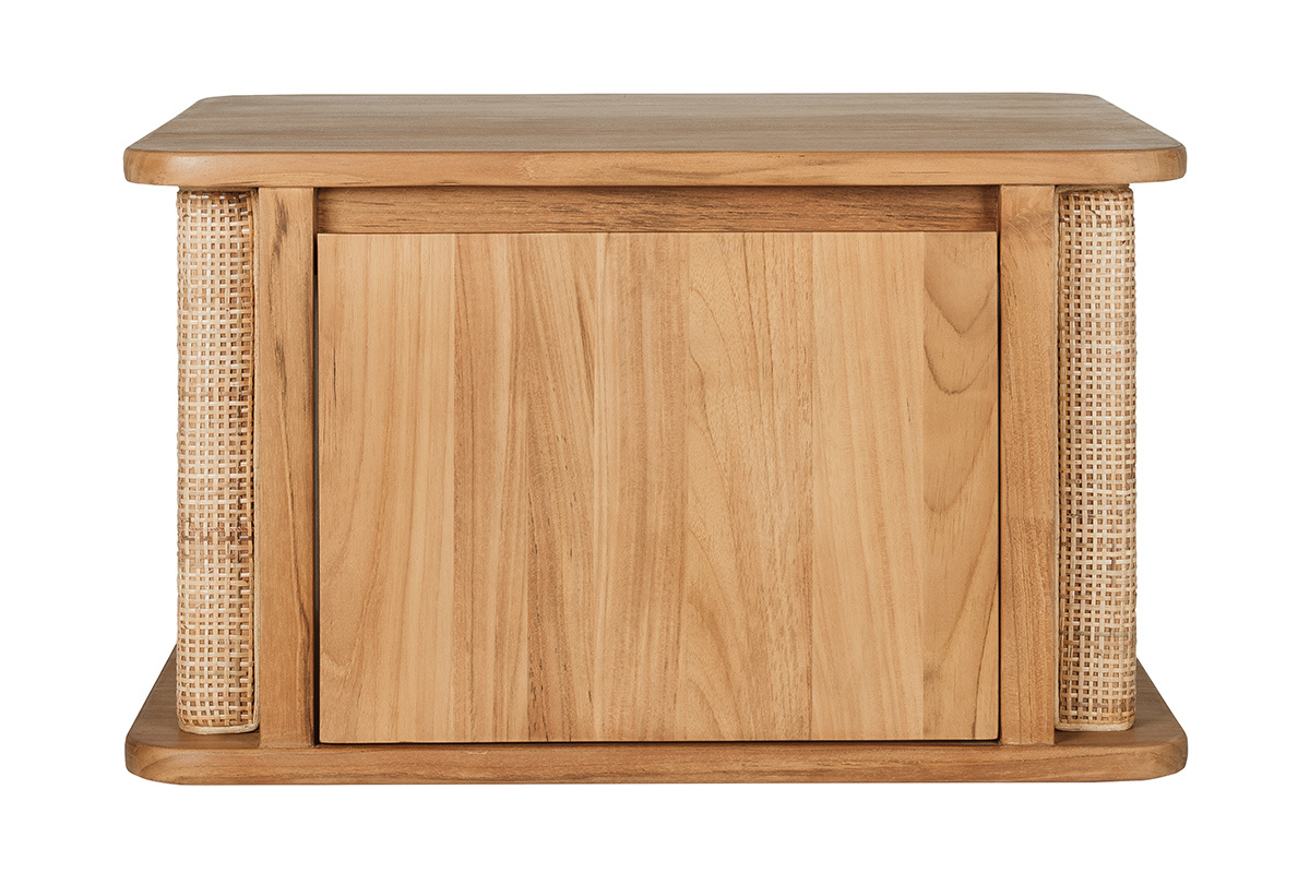 H�ngendes Badezimmerm�bel aus massivem Teakholz mit T�ren aus Rattan-Geflecht, Frontansicht.