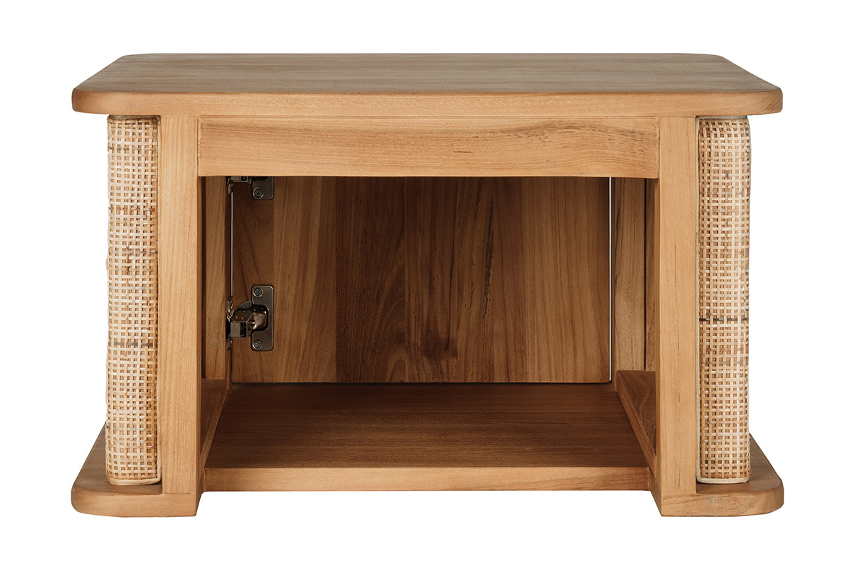 H�ngendes Badezimmerm�bel aus Teakholz und Rattan-Geflecht, R�ckansicht, L60 cm.