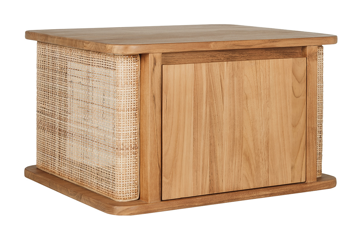 H�ngender Badezimmerschrank aus Teakholz mit Wiener Geflecht, Dreiviertelansicht.