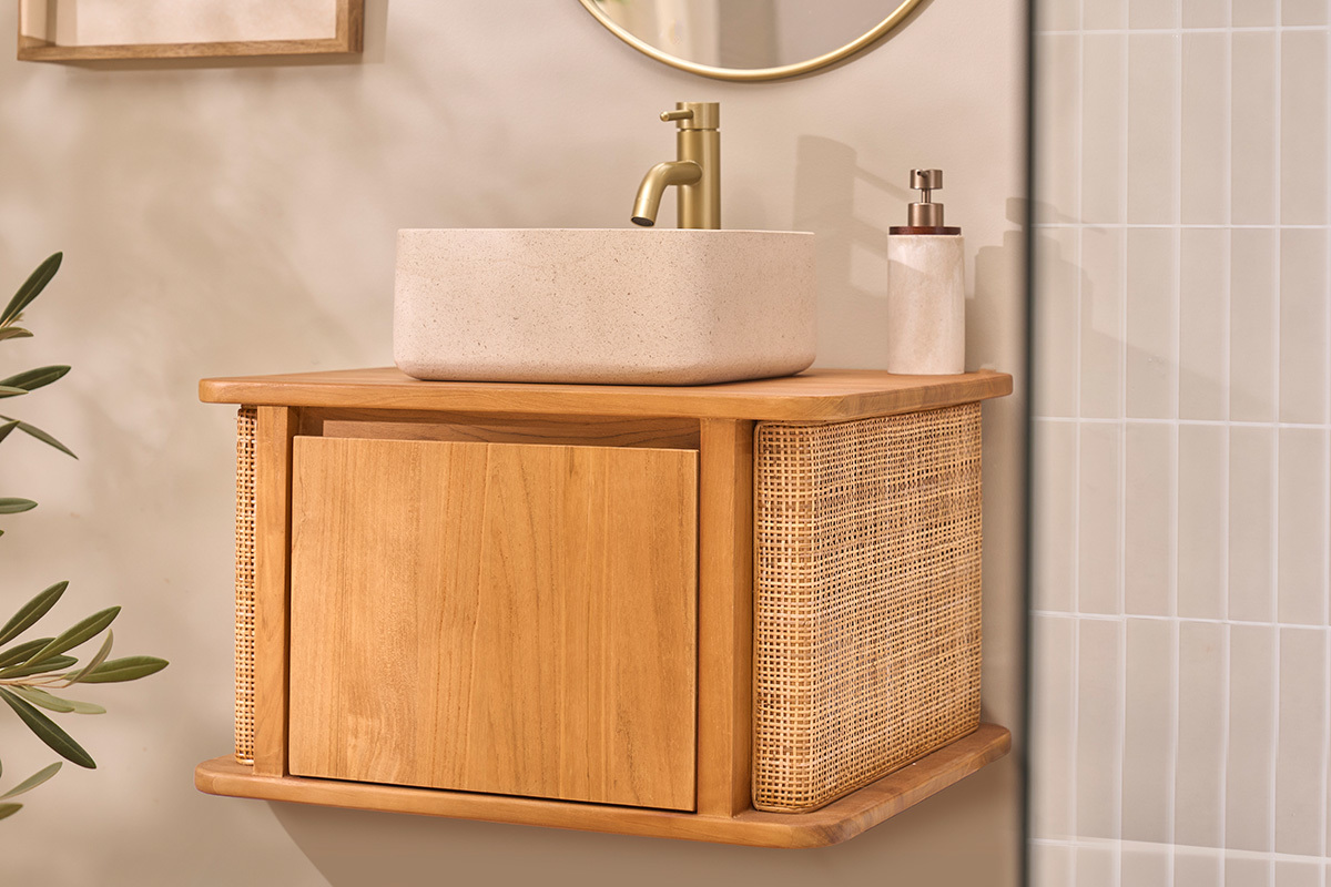 H�ngendes Badezimmerm�bel aus massivem Teakholz und Rattangeflecht L60 cm SOLEA