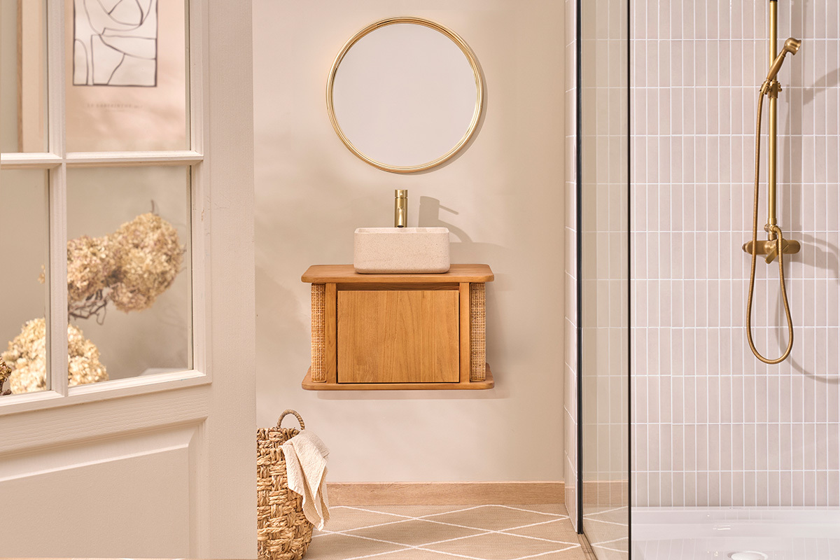 H�ngendes Badezimmerm�bel aus massivem Teakholz und Rattangeflecht L60 cm SOLEA