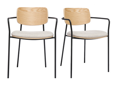 Helle Eichenholzstühle, Texturierter Samteffekt in Beige und Schwarzem Metall (2er-Set) SUSAN