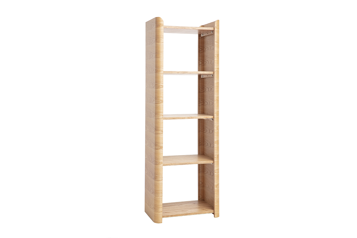 Regal aus hellem Eschenholz, L46 cm, mit vier Ebenen, 3/4-Ansicht.