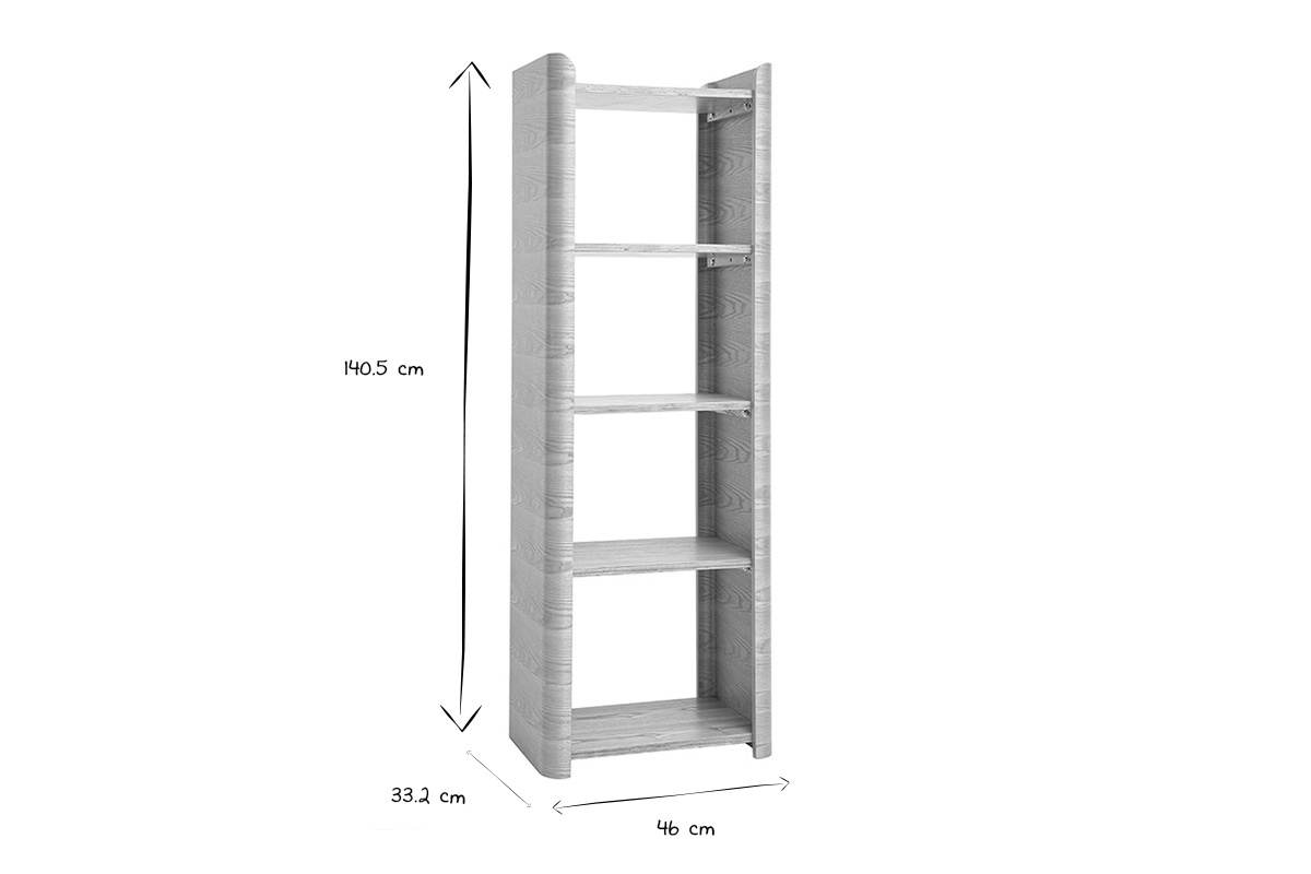 Abmessungen des Regals NAHIA: H�he 140,5 cm, Breite 46 cm, Tiefe 33,2 cm in Schwarz und Wei�.