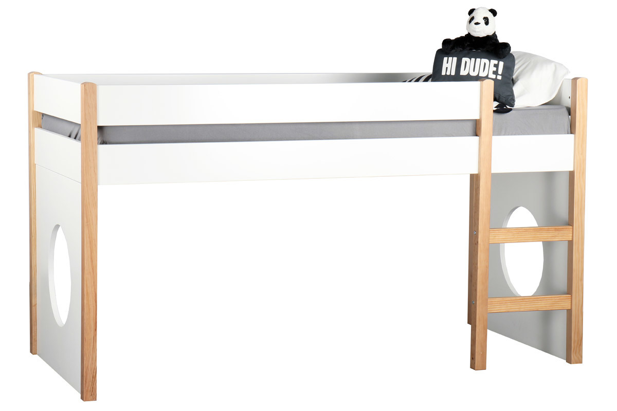 Hochbett Kinderbett mit herausnehmbaren Platten Wei und helles Holz ALTO