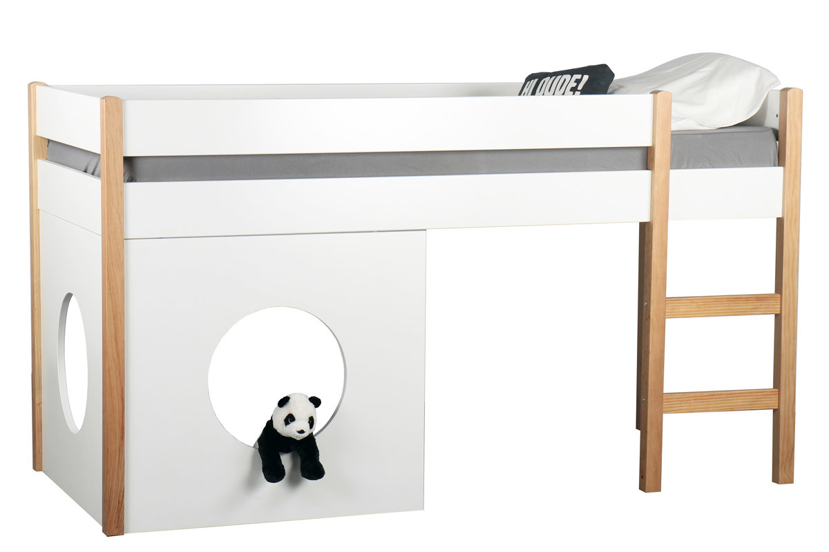 Hochbett Kinderbett mit herausnehmbaren Platten Wei und helles Holz ALTO