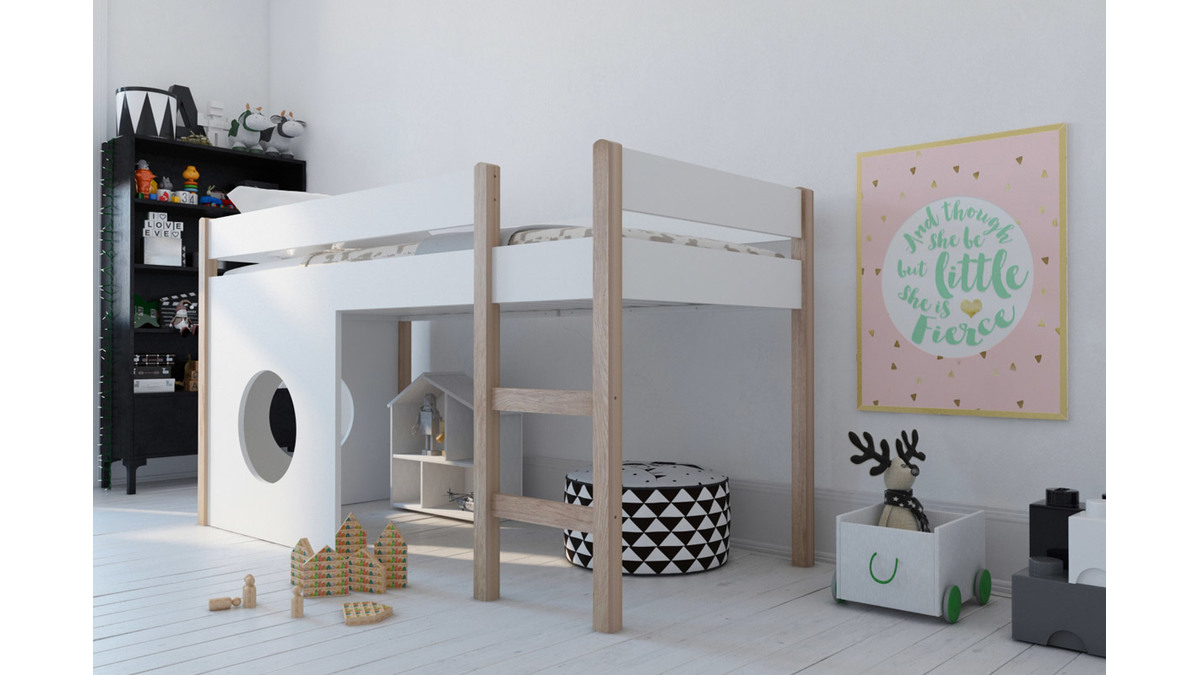 Hochbett Kinderbett mit herausnehmbaren Platten Wei und helles Holz ALTO