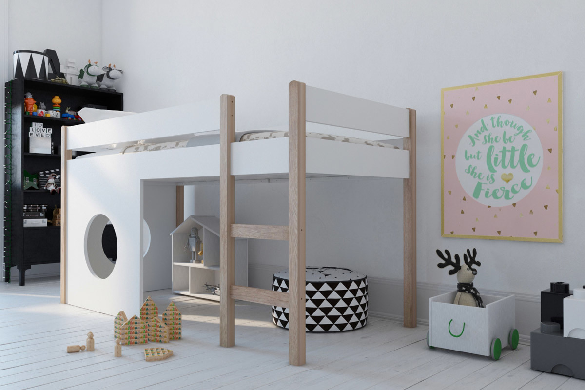 Hochbett Kinderbett mit herausnehmbaren Platten Wei und helles Holz ALTO