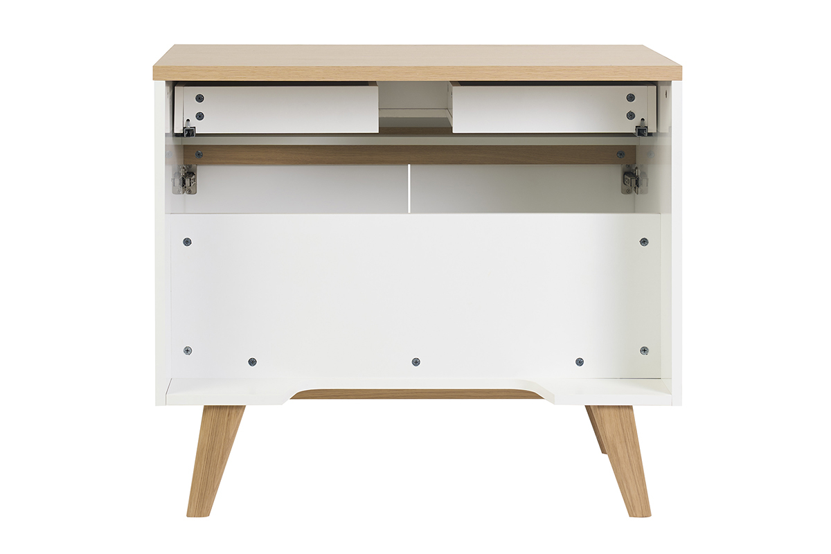 Wei� lackierter Badezimmerschrank mit heller Holzplatte, R�ckansicht, mit ge�ffneten Schubladen.