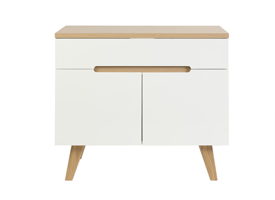 Hochglanzwei&szlig;e und helle Holz-Badezimmerm&ouml;bel L90 cm MELKA