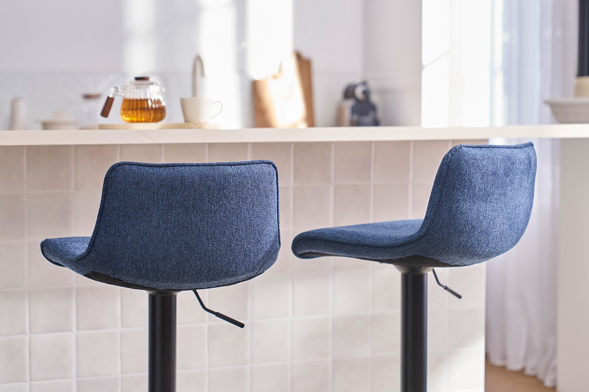 Hocker mit 360 drehbaren verstellbaren dunkelblauen samtartigen Stoff und schwarzem Metall (2er Set) BOOST
