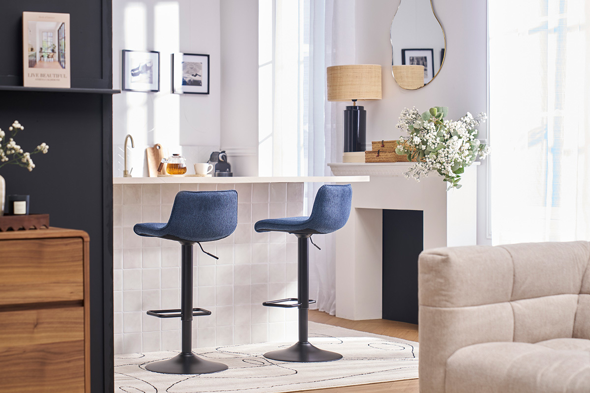 Hocker mit 360� drehbaren verstellbaren dunkelblauen samtartigen Stoff und schwarzem Metall (2er Set) BOOST