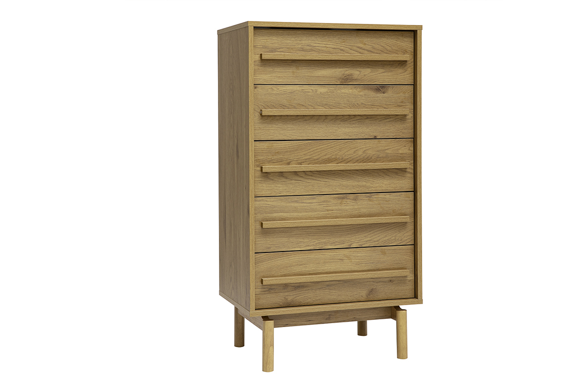 Hohe Kommode aus Eichenholz mit 5 Schubladen in 3/4-Ansicht, skandinavischer Stil, Ma�e B60 x T40 x H111,3 cm