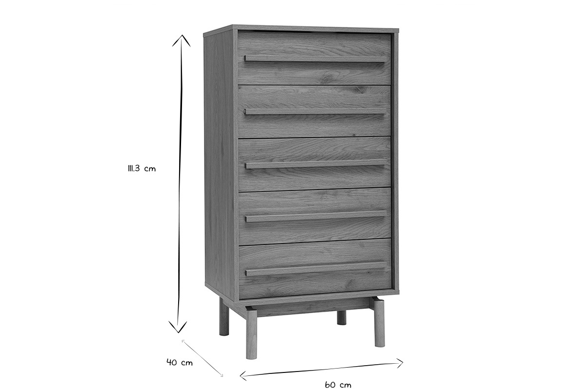 Abmessungen der hohen Kommode YSEULT in Schwarz und Wei�: H111,3 cm, B60 cm, T40 cm.
