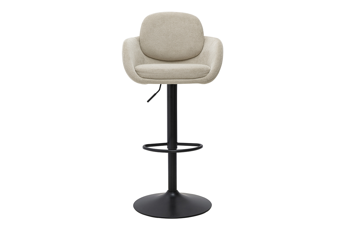 H�henverstellbarer Barhocker mit schwenkbarer 360�-Drehung, Samtbezug in Beige und schwarzes Metall, Ansicht von vorne.