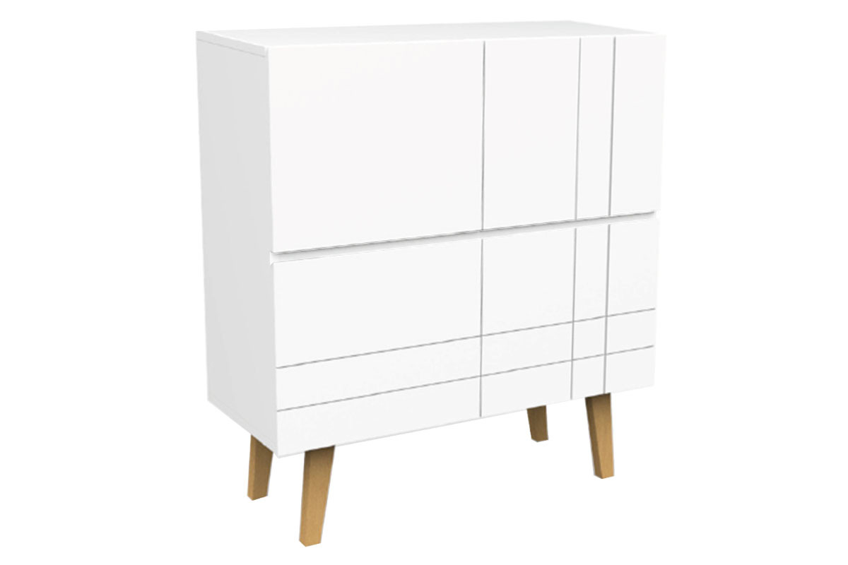 Hohes Design-Sideboard Mattwei lackiert und Holz ADORNA