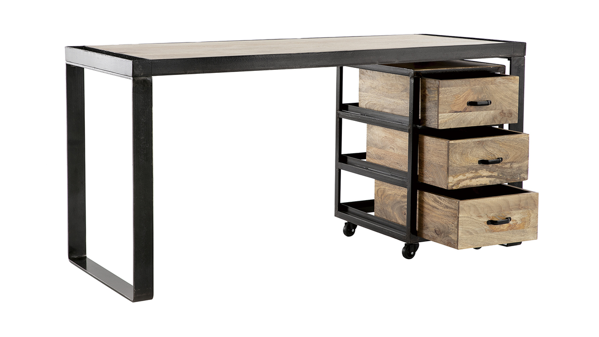 Industrial-Schreibtisch mit beweglichen Schubladenelementen aus massivem Mangoholz L156 cm INDUSTRIA