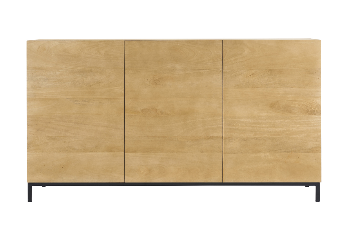 Industrielles Buffet aus Mangoholz und schwarzem Metall, Frontansicht.