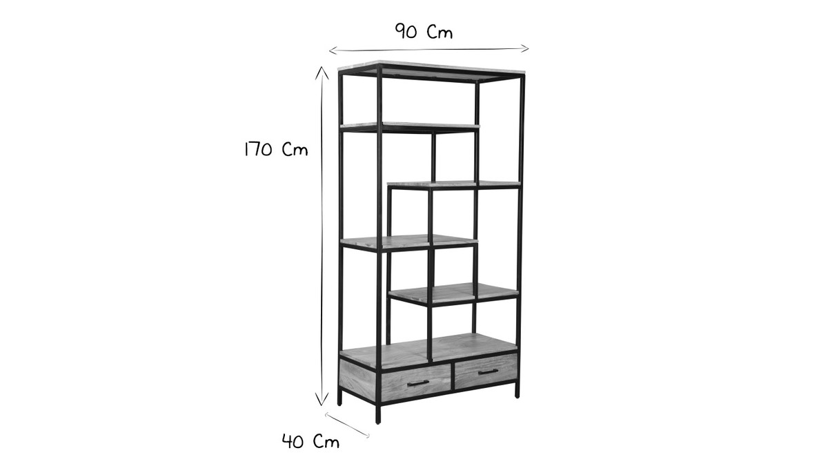 Industrieller Bcherschrank aus massivem Akazienholz und schwarzem Metall L90 cm JASPE