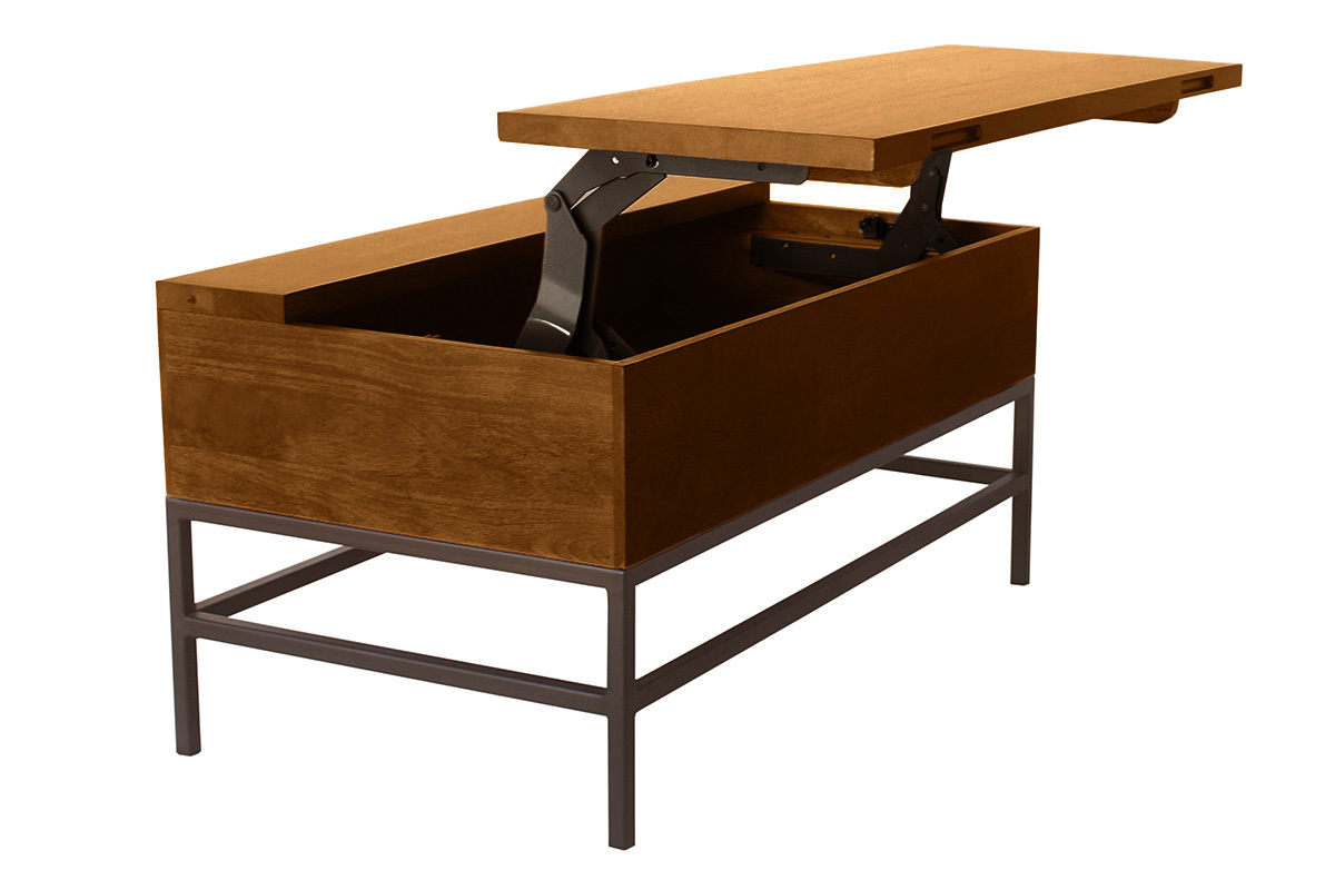 Industrieller Couchtisch mit Hochklappfunktion aus massivem, getntem Mangoholz und schwarzem Metall L90 cm YPSTER