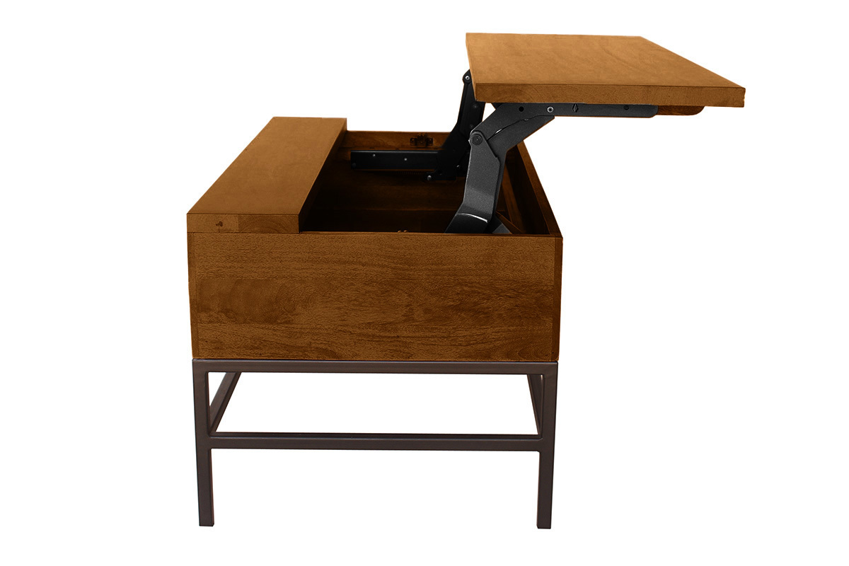 Industrieller Couchtisch mit Hochklappfunktion aus massivem, getntem Mangoholz und schwarzem Metall L90 cm YPSTER