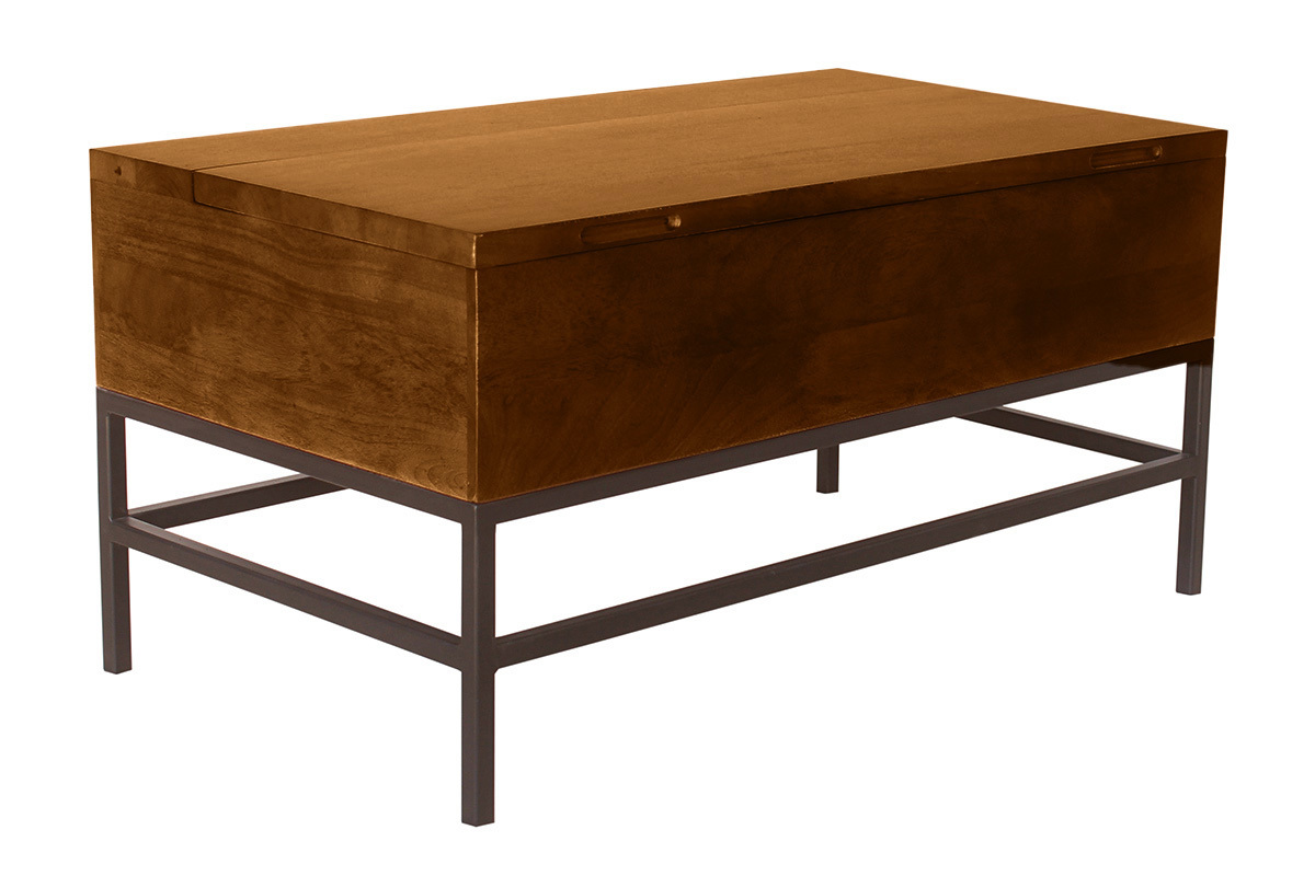 Industrieller Couchtisch mit Hochklappfunktion aus massivem, getntem Mangoholz und schwarzem Metall L90 cm YPSTER