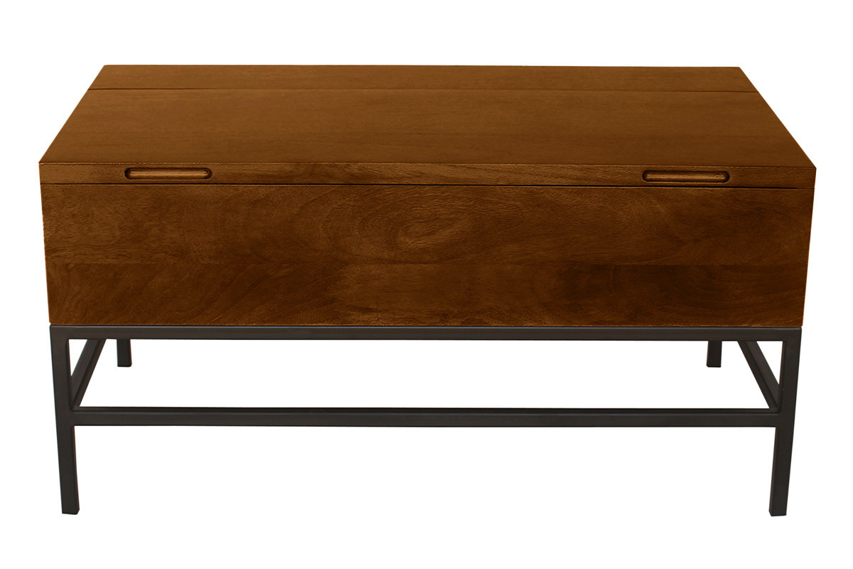 Industrieller Couchtisch mit Hochklappfunktion aus massivem, getntem Mangoholz und schwarzem Metall L90 cm YPSTER