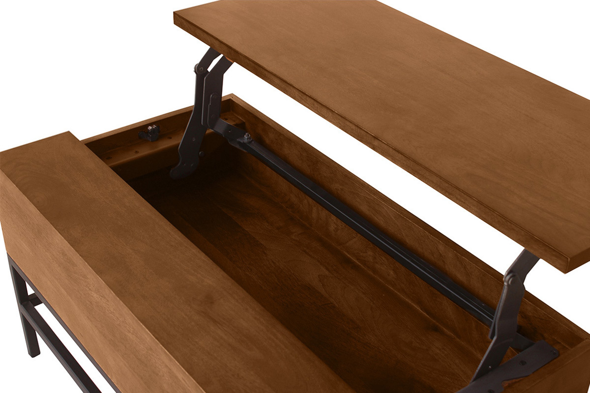 Industrieller Couchtisch mit Hochklappfunktion aus massivem, getntem Mangoholz und schwarzem Metall L90 cm YPSTER