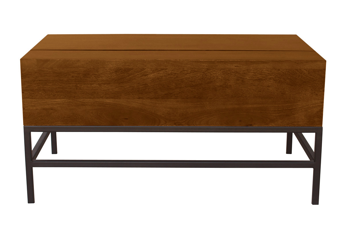 Industrieller Couchtisch mit Hochklappfunktion aus massivem, getntem Mangoholz und schwarzem Metall L90 cm YPSTER