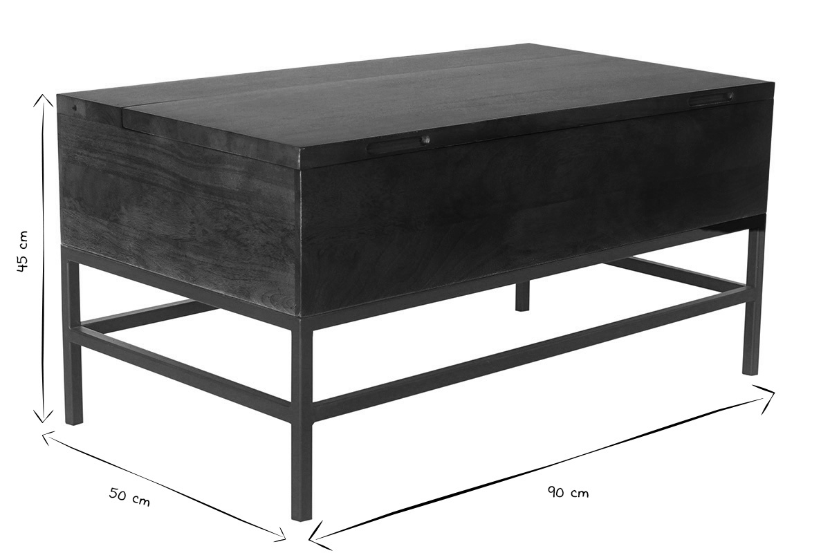 Industrieller Couchtisch mit Hochklappfunktion aus massivem, getntem Mangoholz und schwarzem Metall L90 cm YPSTER